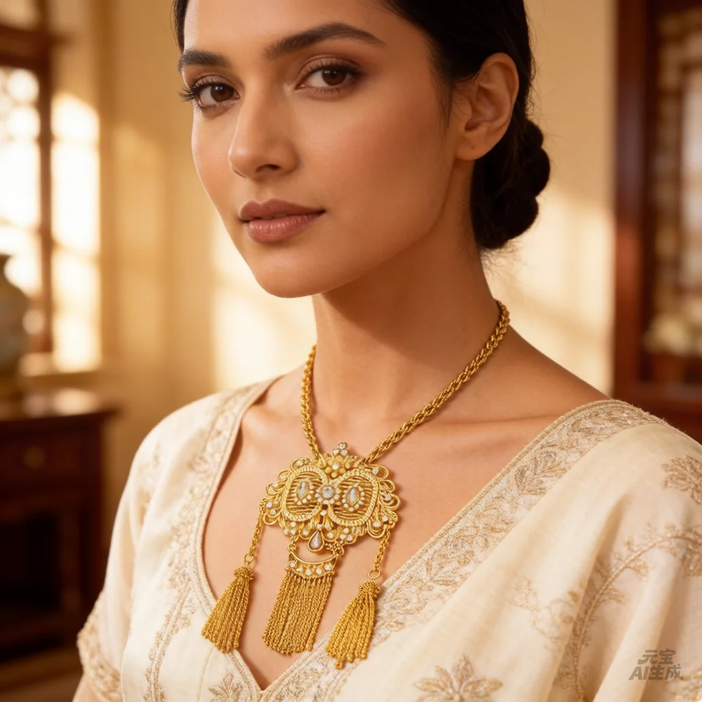 

Algerian Wedding Necklace Long Chain Gold Plated Tassels Pendant with Crystals Arabic Women