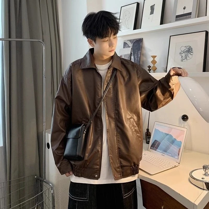 New Season Men's Biker Jacket Oversized PU Leather Coat for Autumn Winter Retro Brown Leather Jacket Edgy Casual Wear​