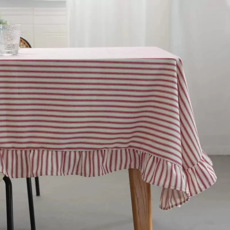 

Wedding Hotel Stain Resistant Luxury 100% Cotton Rectangle Embroidered Frilly Striped Tablecloth