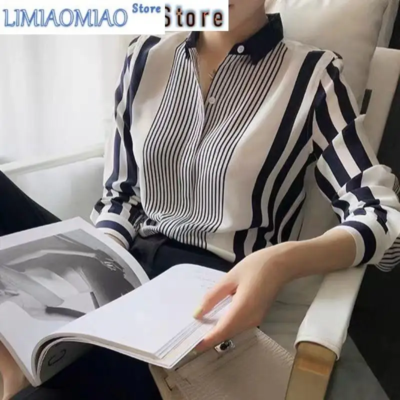 

Striped Color Matching Fashion Single-breasted Blouse Women New Long Sleeve Loose Polo Collar Office All-match Lady Shirt