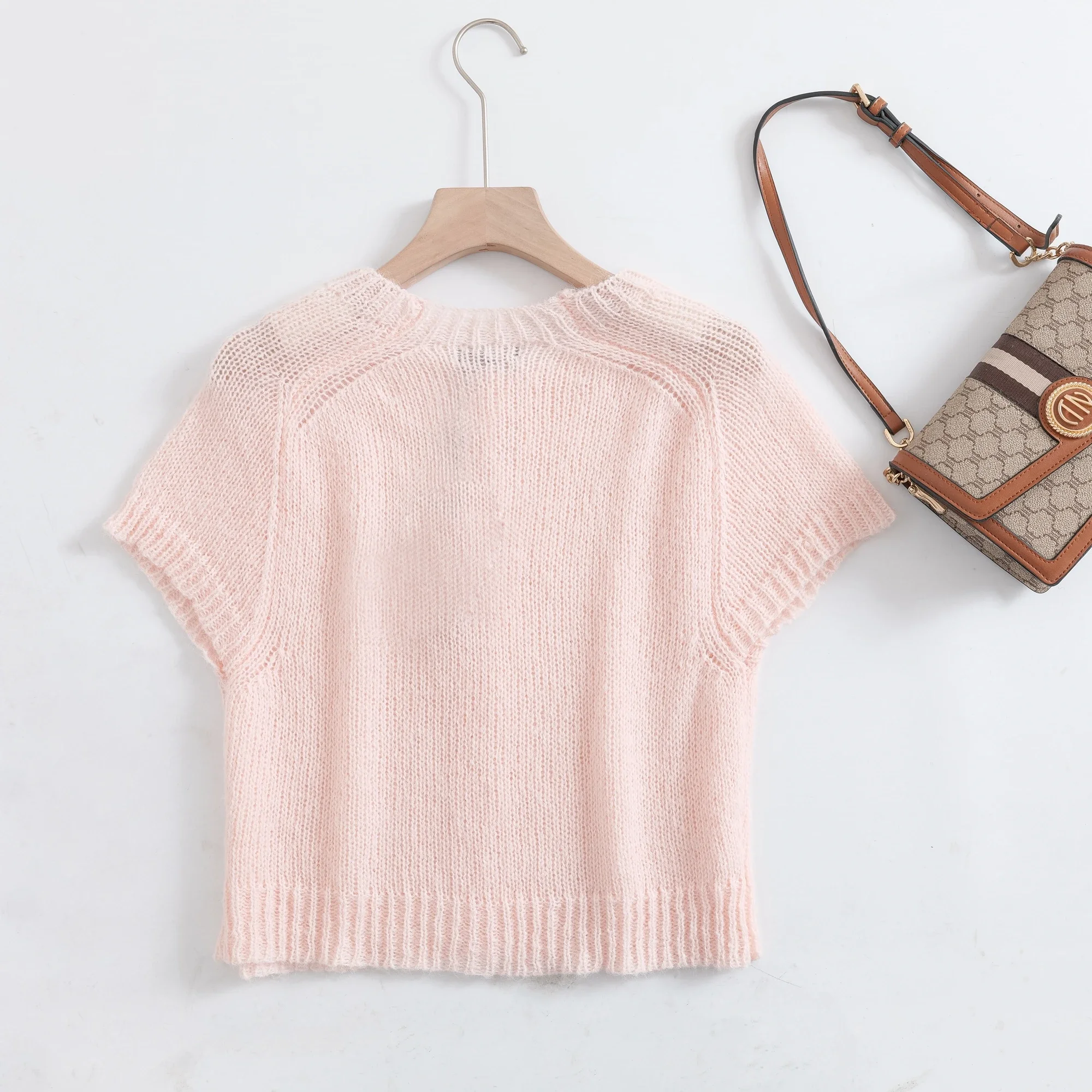 Ethereal costume 2025 massidutti spring new style of Casual commuter style girl pink round neck short short sleeve knit cardigan - Image 2