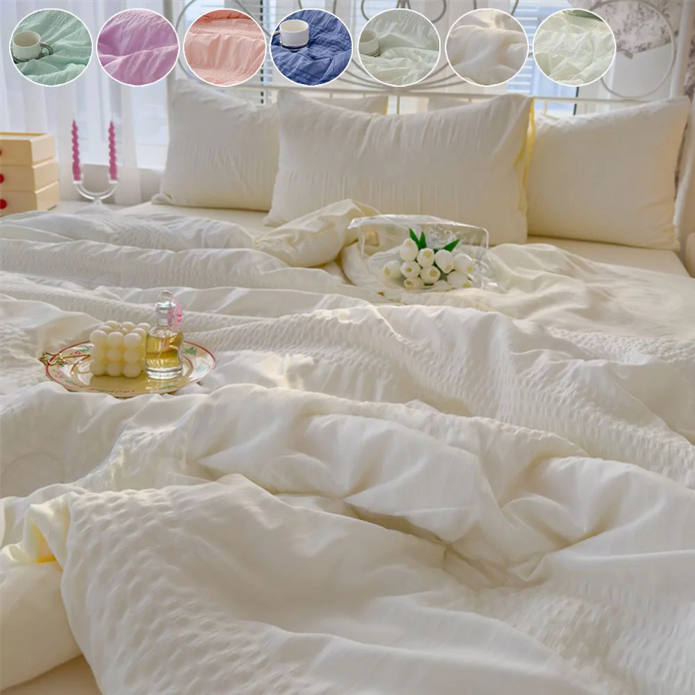 

INS Style White Pink Quilted Ruffles Quilt Blanket Bedspread Washed Solid Color Korean Princess Style Summer Thin Quilt 여름이불