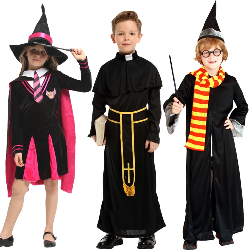 

Children Wizard Cosplay with Hat Magic School Sweater Wand Master Pastor Halloween Costume For Boy