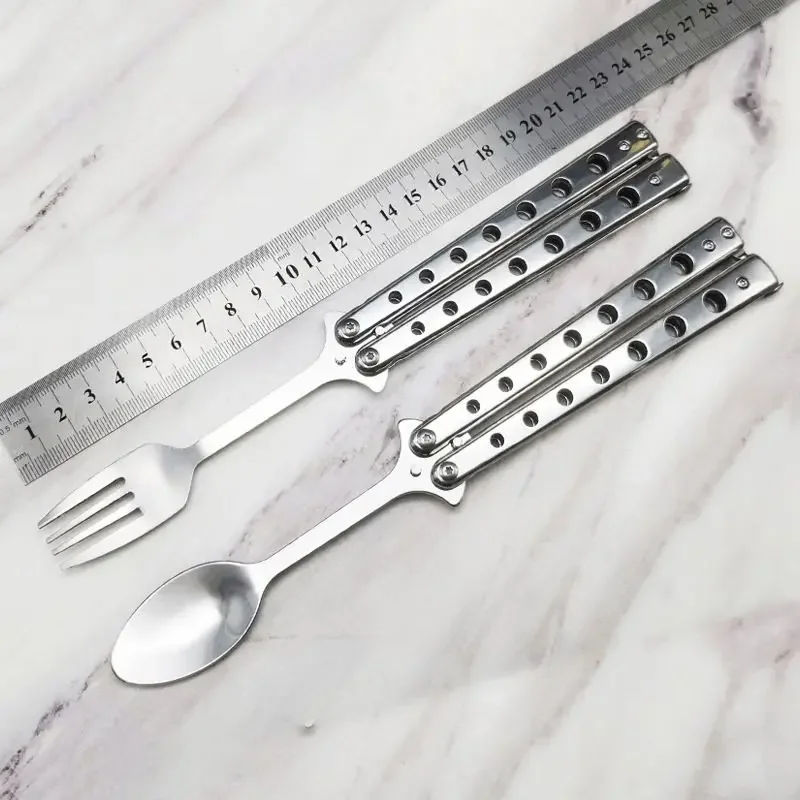 Metal Folding Trainer Spoon Fork Butterfly Knife Game Safety Practice Trainer Outdoor Camping Tableware Accessories  Cutlery
