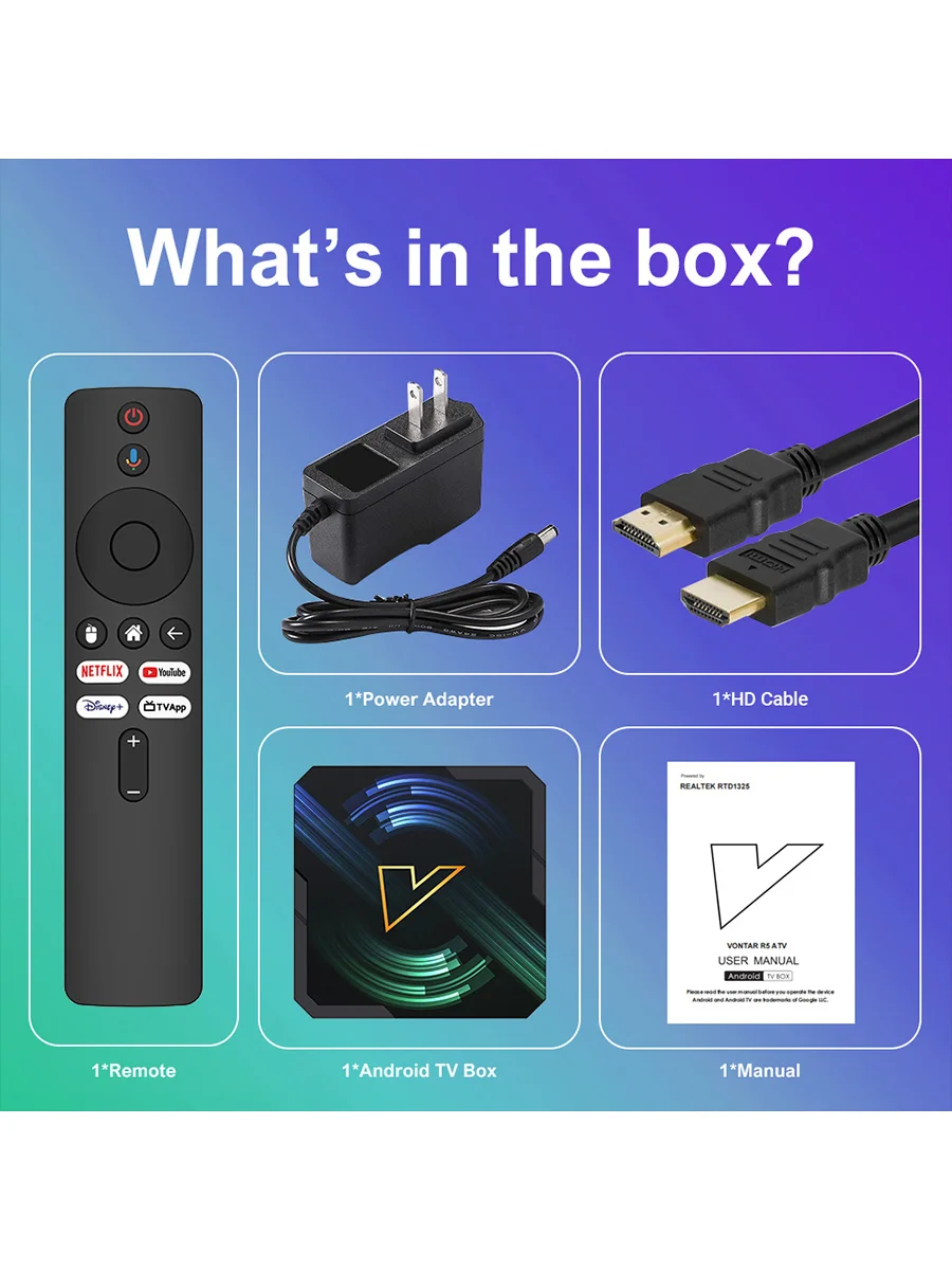 VONTAR ATV Android14 TV Box Realtek1325 CPU A55 Edge AI Mali-G57 GPU دعم AI-PQ AI-SR HDR Wifi6 مشغل الوسائط فك التشفير