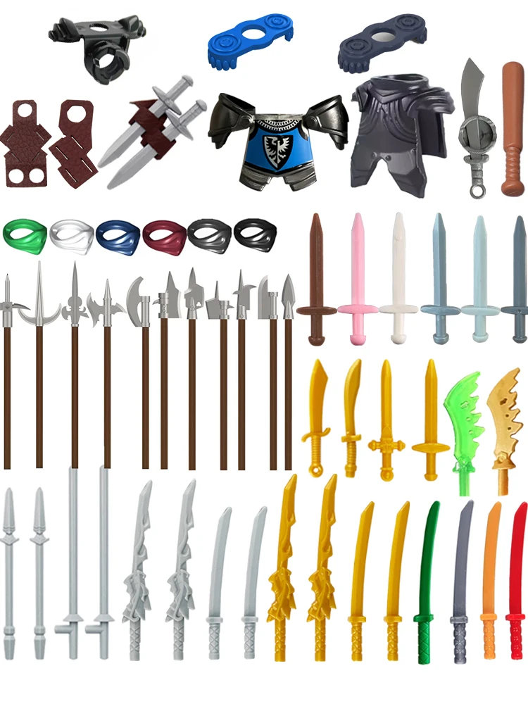 MOC – blocs de construction militaires médiévaux Waffen, figurines de soldats de chevalier, accessoires épée, lance, fourreau Trident, Mini briques, jouet pour garçon