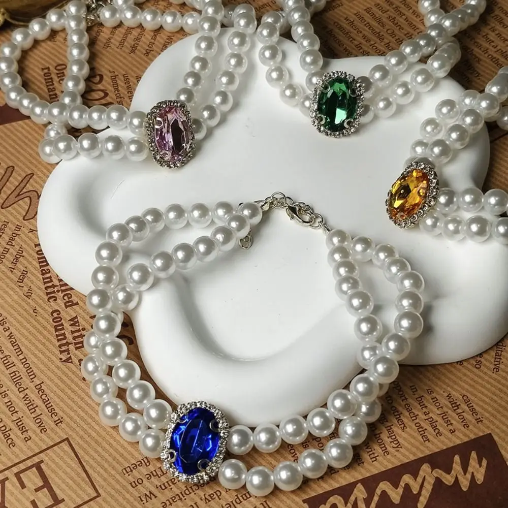 Shiny Adjustable Cat Pearl Necklace Neck Ornament Jewelry Rhinestone Necklace Vintage Crystal Pendant Pet Collar Pet Cat/dog