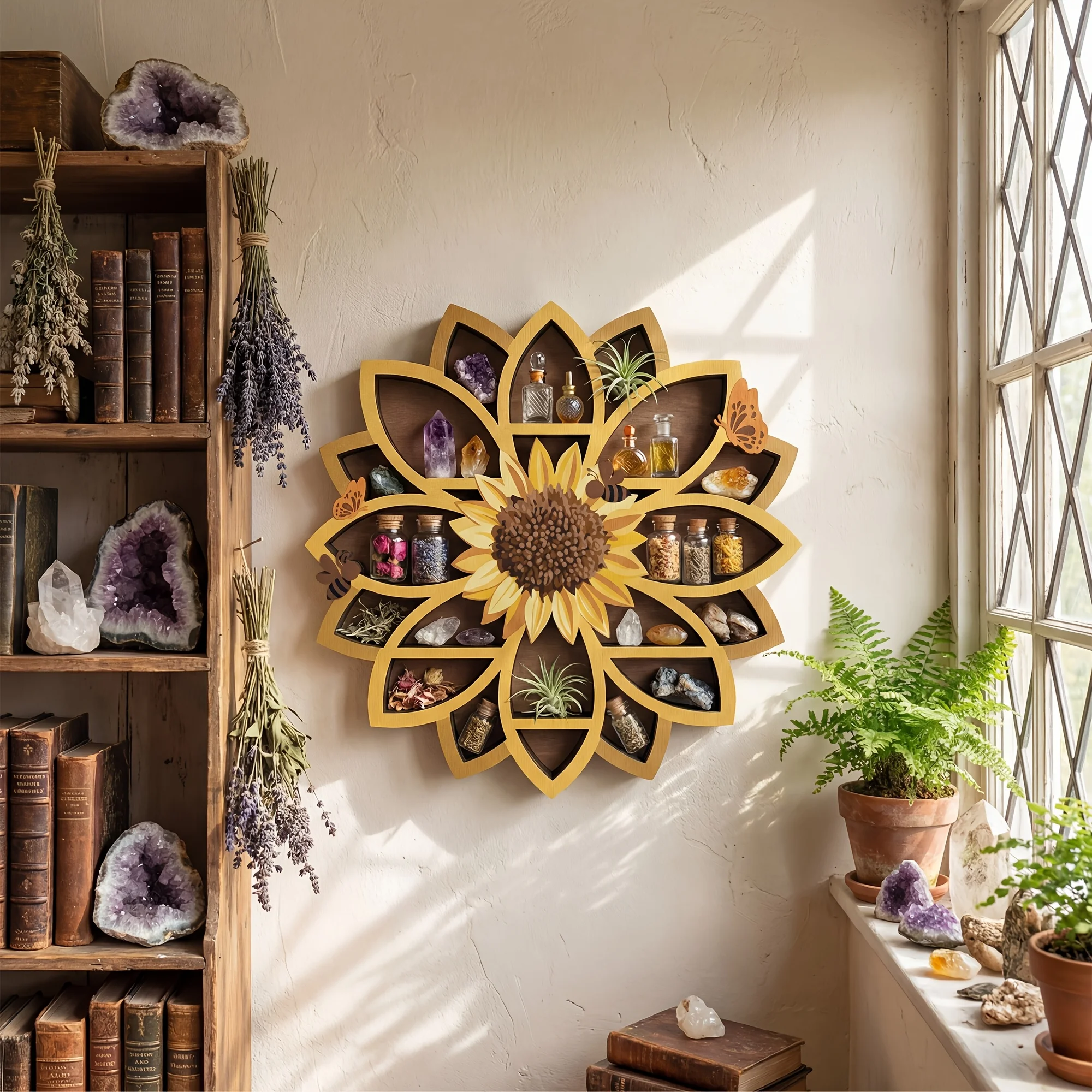 

FNYDOXGI 1pc Wooden Sunflower Floating Shelves Wall-Mounted Organizer - UV Printed Spiritual Decor with Gemstones, Essential