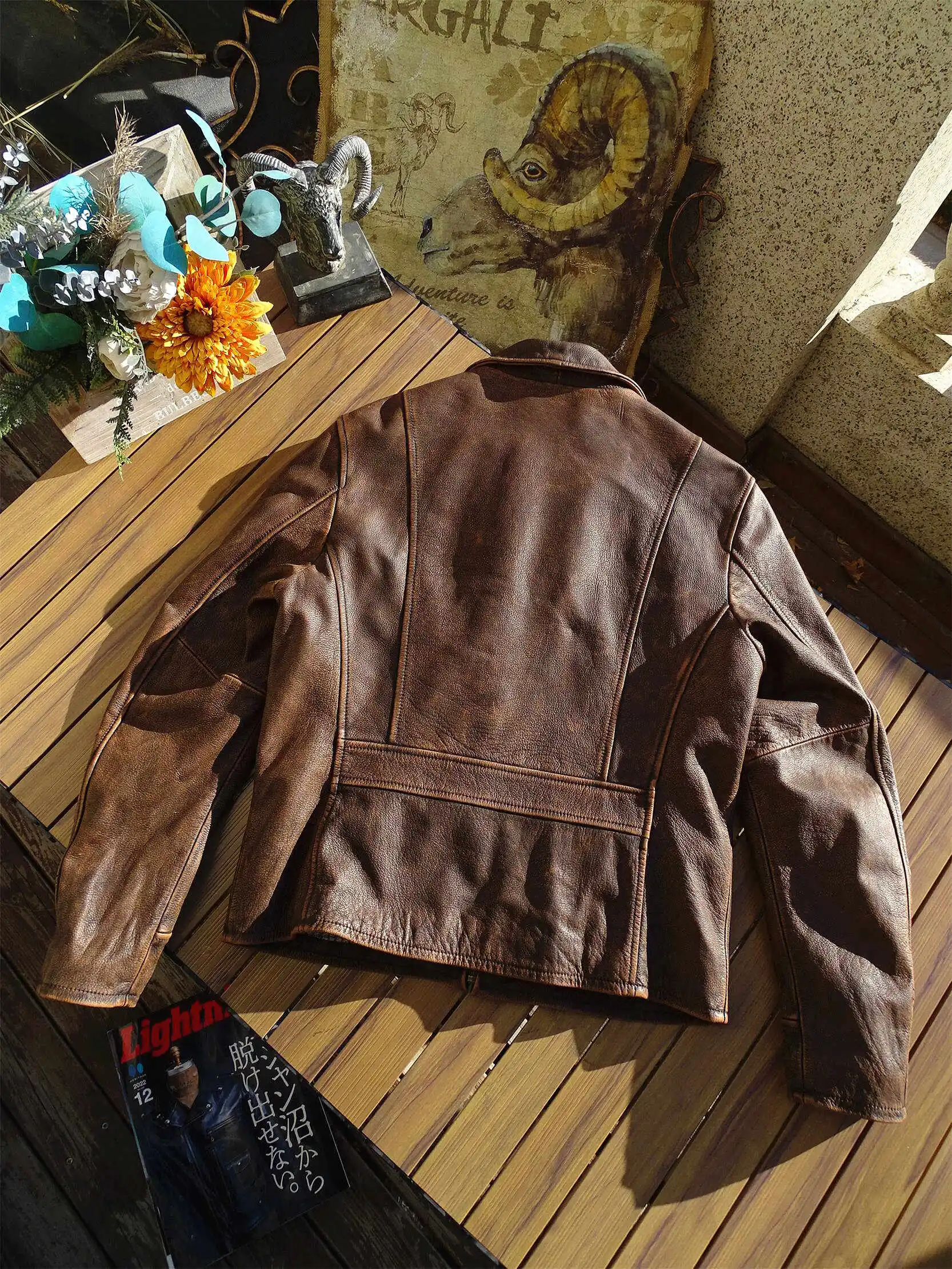 Embroidery Newsboy Style Retro Genuine Leather Jacket Yellow Brown TeaCore Stone Washed Vintage FinishSoft Cowhide Heavy Washing