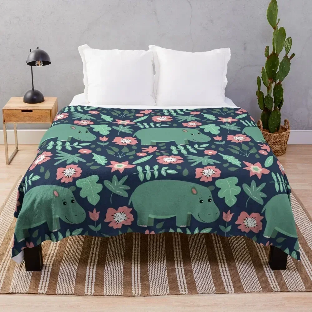 

Green Hippo Floral Pattern Throw Blanket Soft Cozy Blanket for Pet Kids Adults