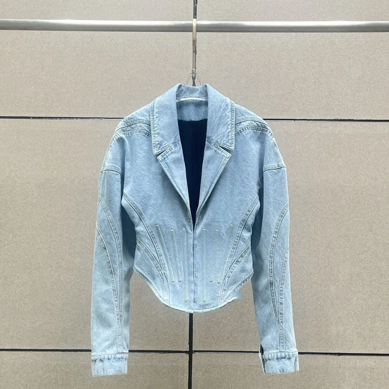 Women topy2k Spring Summer Herringbone Drawstring Long Sleeve Lapel Cotton Denim Jacket2024 Simple Casual jackets for women