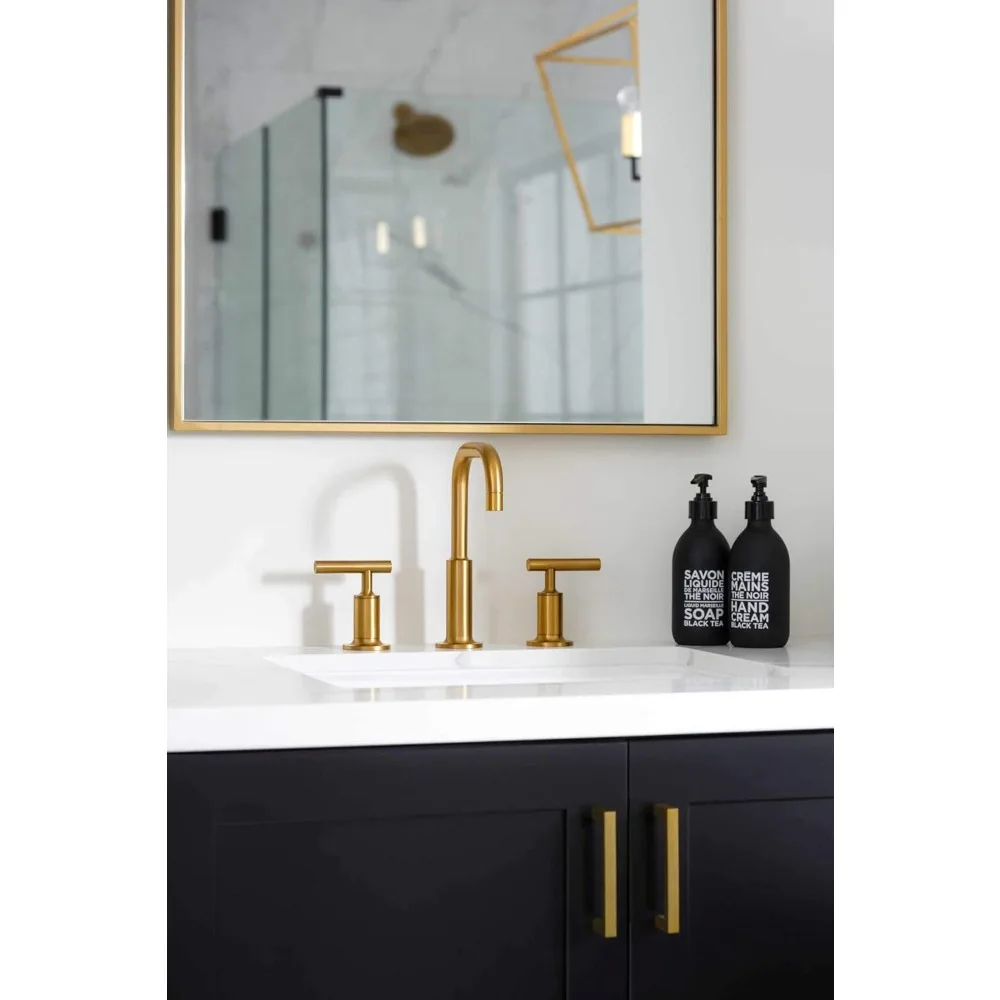 Bathroom Sink Faucet, Widespread Low Lever Handles and Low Gooseneck Spout, Vibrant Brush Moderne Brass