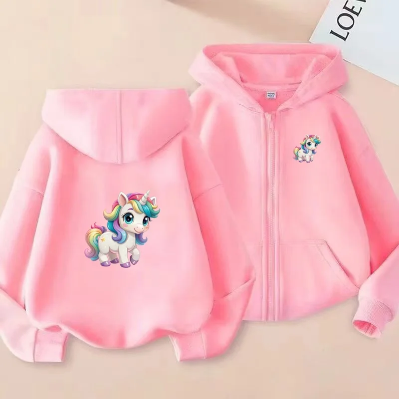 

Children's Pretty Girl Pink Charming Unicorn Clothing Cardigan Hoodie Top Zipper Style Girls Boy 3-12Yrs Leisure Sweatshirt Coat
