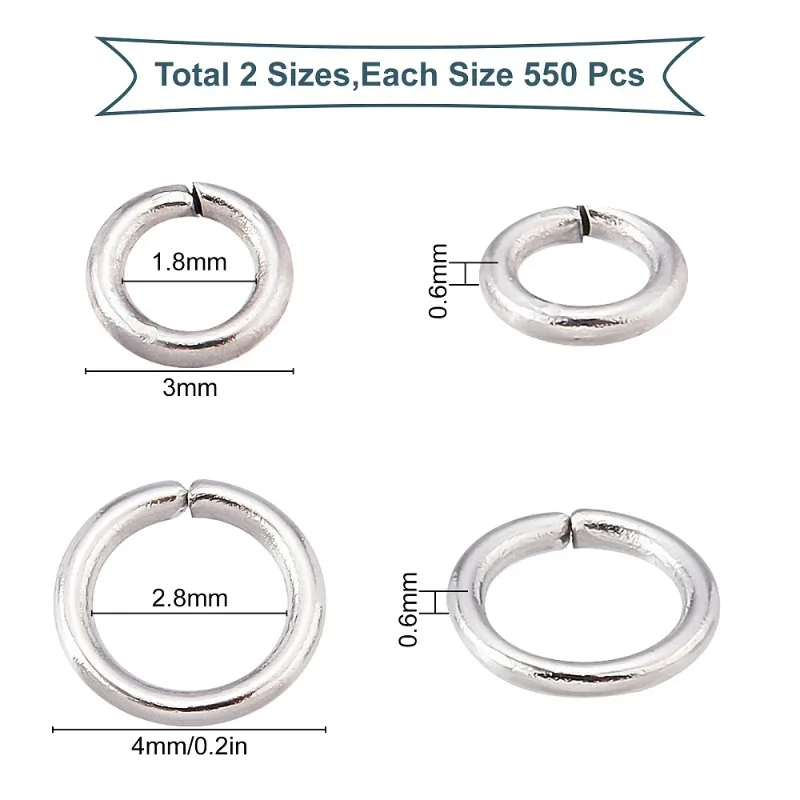 1 Box 1100Pc 2 Style Stainless Steel Open Jump Rings Connectors Linking Ring Jump Rings Bulk for jewellery Making Chainmail Ring