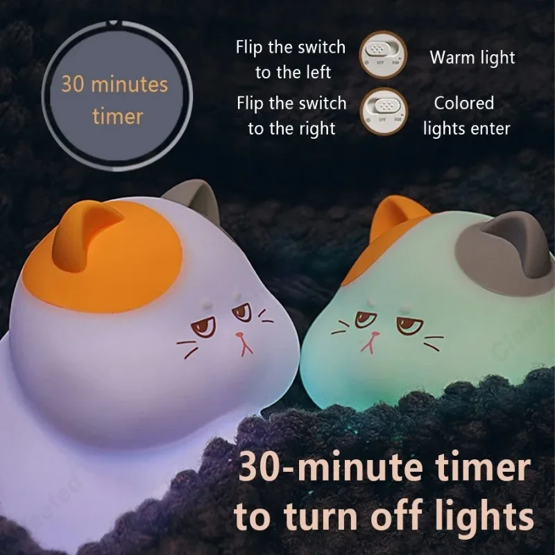 Creative LED Greedy Cat USB Rechargeable Soft Light Timing Tap Light Touch Color Change Children\'s Room Decoration Bedlight