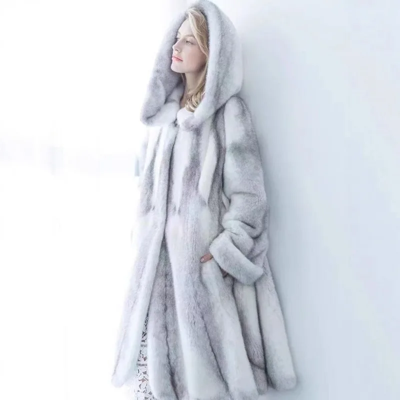 

New Fur Mink Coat Women Golden Mink Velvet Coat Mid-Length Hooded Style