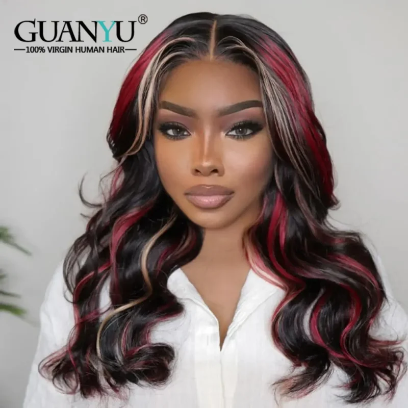 

Black Red Blonde Highlights Wig Human Hair 13x6 HD Body Wave Lace Front Human Hair Wig 13x4 Lace Frontal Wig For Women