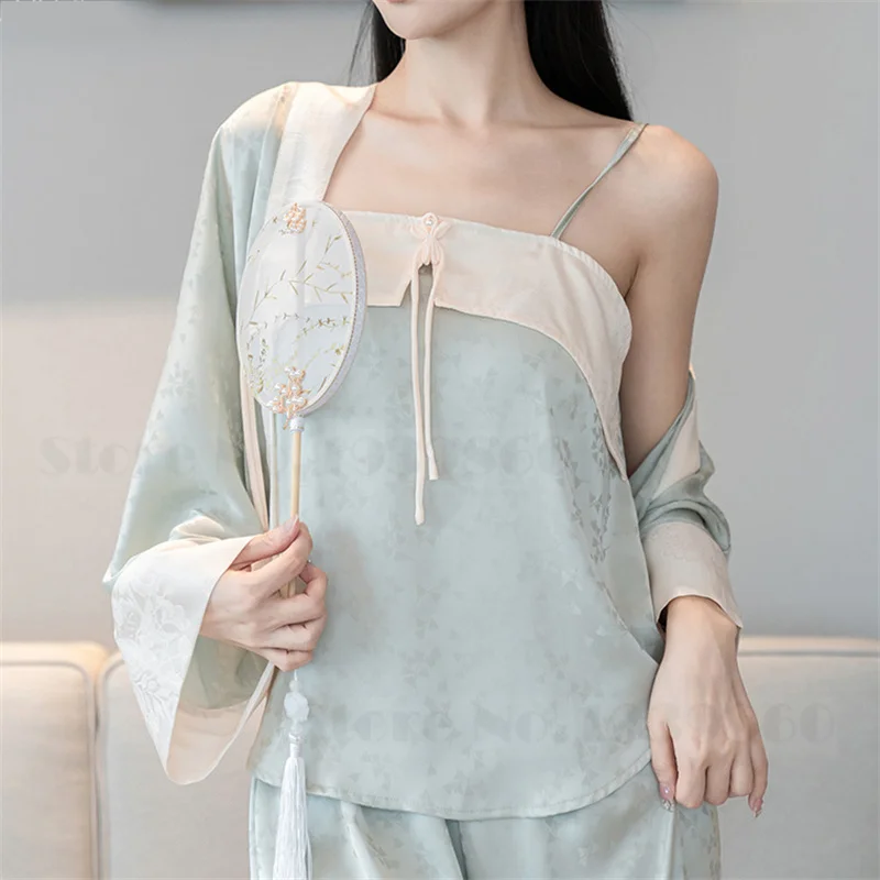 Sexy Female 3PCS Pajamas Set Loungewear New Chinese Style Sleepwear Trouser Suits Elegant Jacquard Satin Home Wear Lingerie