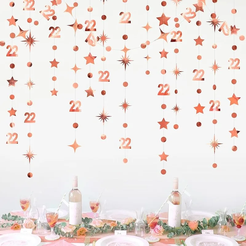 Rose Gold 22nd Birthday Decoration Number 22 Circle Dot Star Garland Bunting Banner Backdrop for 22th Anniversary Party Supplies