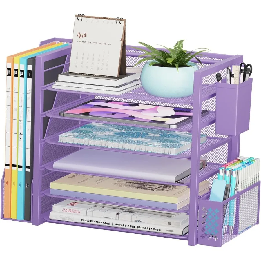 منظم ملفات مكتبي مكون من 6 طبقات مع حامل ملفات صينية الحروف الورقية وحاوية أقلام للمكتب أو المنزل ومساحة العمل باللون الأرجواني الفعالة #2