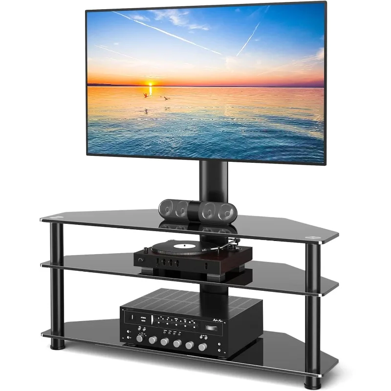 Swivel Floor TV Stand with Table for 32-70 Inch TVs, Universal Height Adjustable TV Floor Stand with Large Storage Shelves