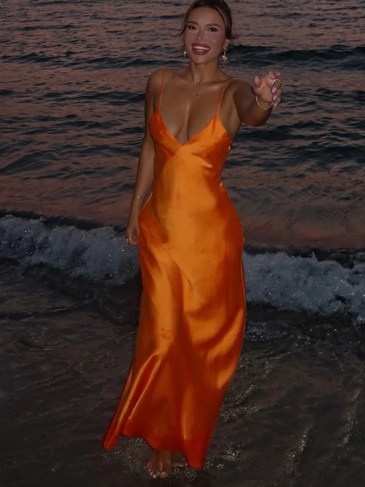 HH Zomer Sexy Vrouwen Satijnen Sling Lange Jurk 2025, Elegante V-hals Backless Losse Maxi Gewaden Dames Beach Party Textuur Jurk