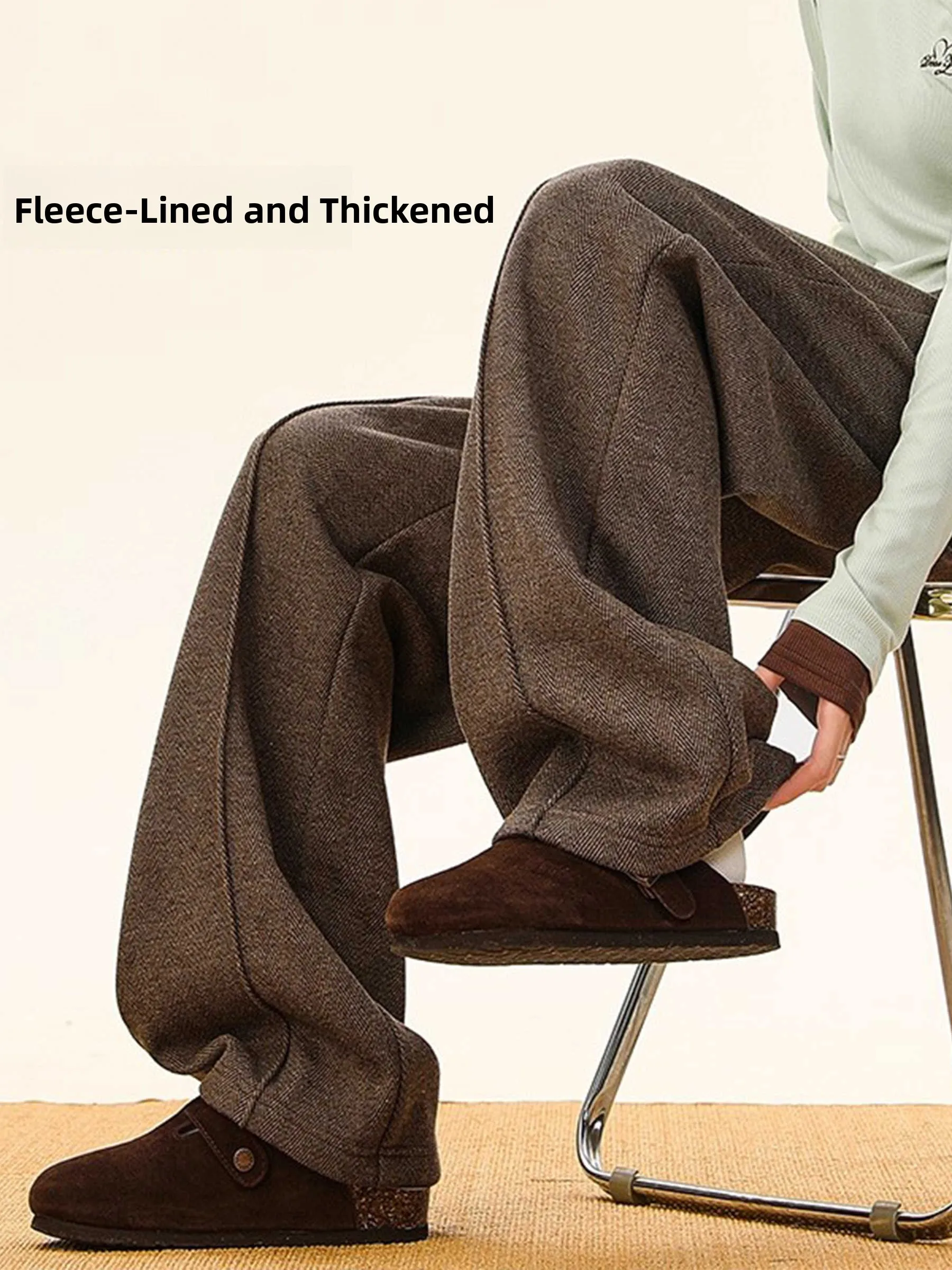 

Thickened Fleece Wide Leg Straight Cut Casual Pants Men Women Autumn Winter Drape Loose Trousers Comfortable Straight Pants