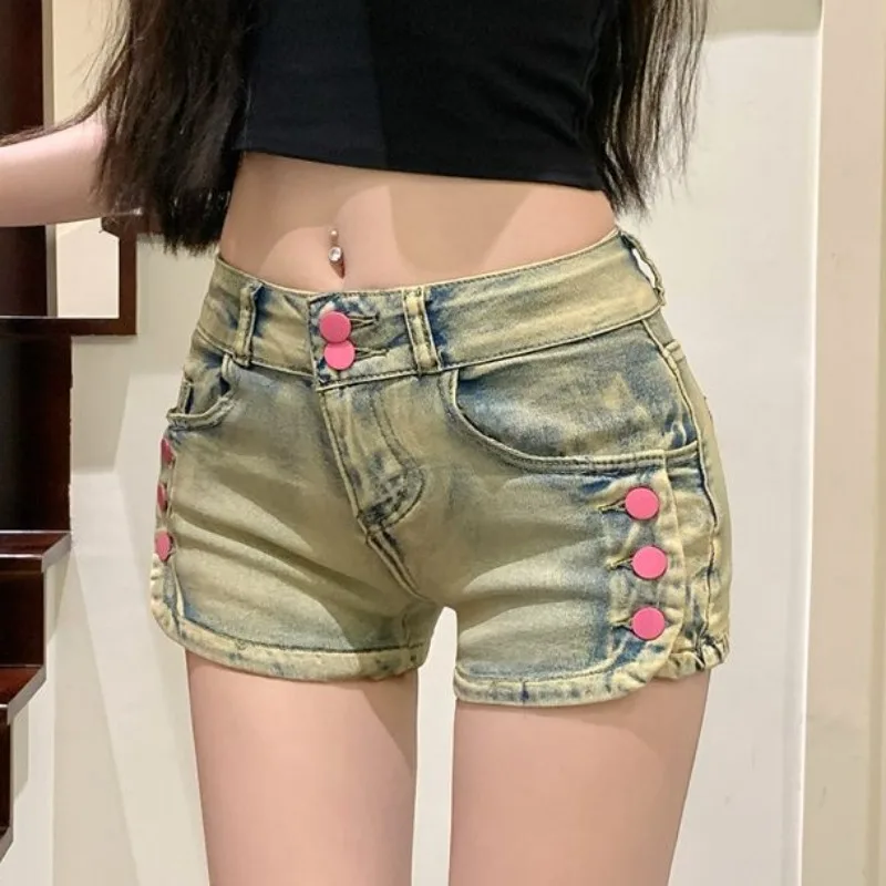 Shorts jeans Y2K para mulher, lavado, estilo americano, retrô, sexy, botão, rua alta, magro, cintura baixa, moda, verão, garotas quentes