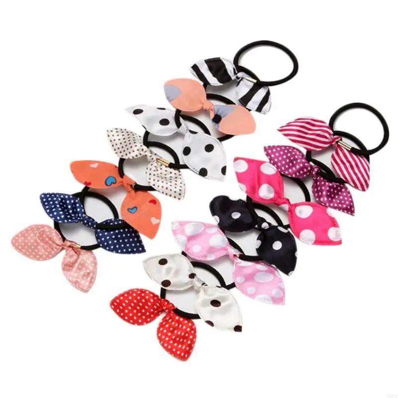 50le Girl Long Rabbit Ears Bowknot Elastic Rambut Rope Polka Dot Stripe Cloth Band Rubber Band Metal Buckle Kuncir Kuncir
