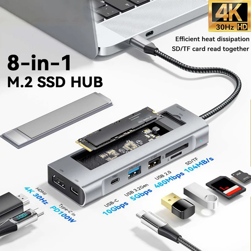 Eight In 1 USB HUB With Disk Storage Function M.2 SSD Nvme SATA Type-C To -Compatible USB C Dock Station For Laptop Durable