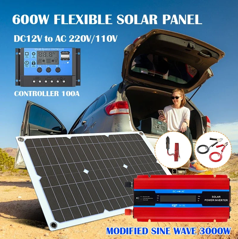 600W flexible solar panel kit, 3000W improved sine wave inverter+controller, DC12V to AC110V/220V off grid RV camping system