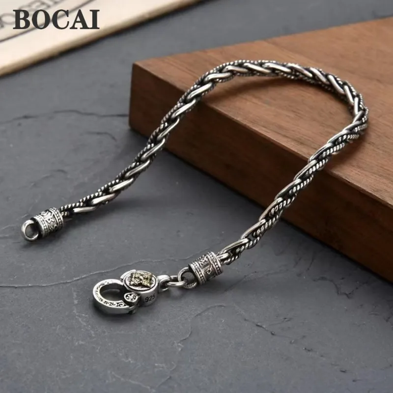 

BOCAI New S925 Silver Diamond Pestle Men and Women Bracelets Hand Woven 4mm Fried Dough Twist Chain Fashion Jewelry Accessories