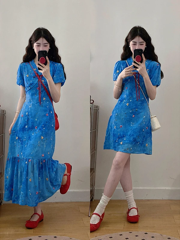 

Платье женское летнее больших размеров с коротким рукавом, скрывающее живот, А-силуэт, в корейском стиле, с завышенной талией, для фигуры типа «груша»