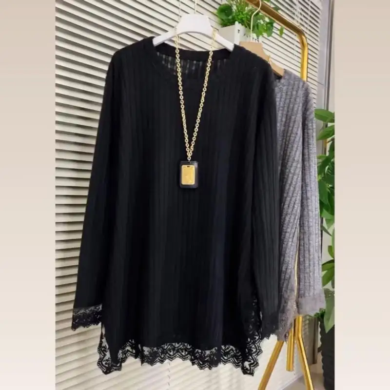 

Simplicity Lace Patchwork Casual Tops Spring Autumn Long Sleeve Solid O-neck Loose Vintage T Shirts Fashion Lazy Women Clothing