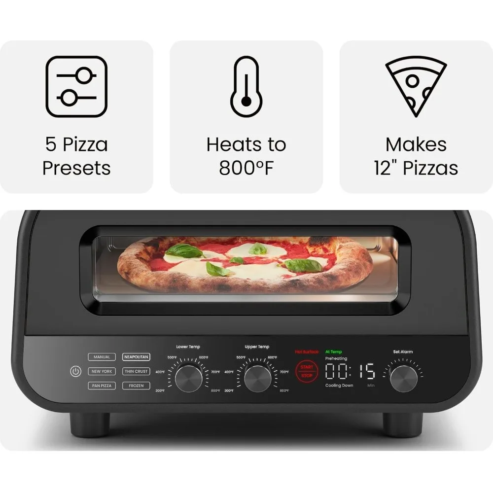 Indoor Pizza Oven - Make pizza, heat-Countertop pizza maker, with preset, includes pizza stone and crust - black stainless steel