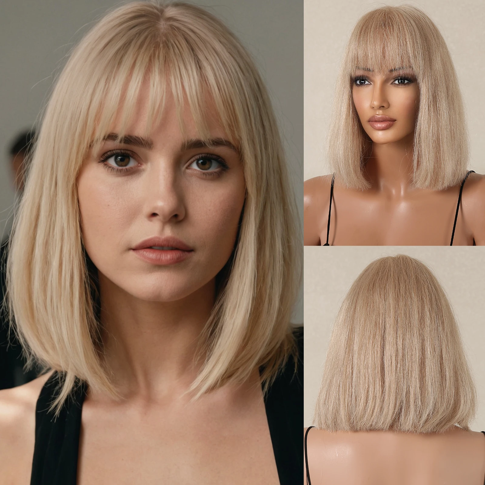 

Bob Honey Blonde 100% Remy Human Hairs for Women Natural Straight Short Machine Made Wigs with Bangs Human Hair 10inch Wig Daily