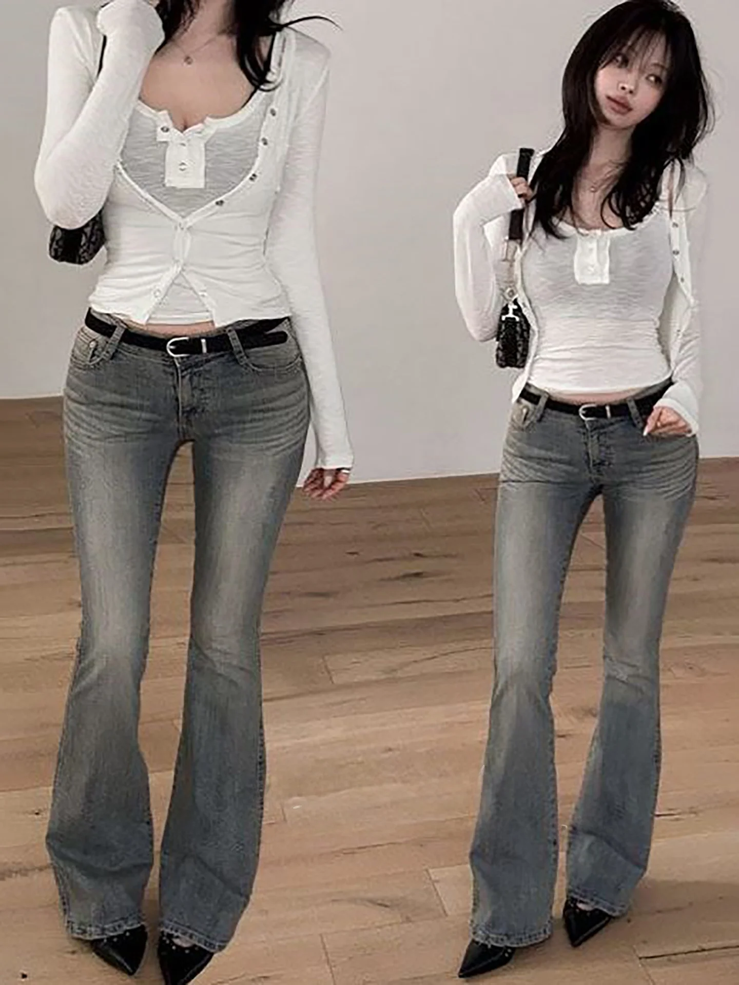 

Retro American Faded Mid-Waist Bell Bottom Jeans Women's Embroidered Slimming Casual Long Pants Cotton Stretch Denim