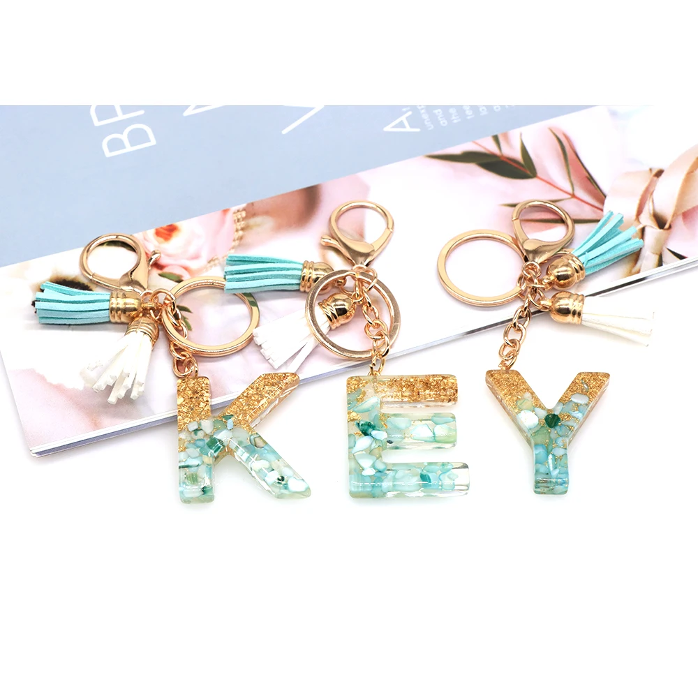 

26 Letters Fashion Tassel Key Chains Natural Stone Healing Crystal Resin Car Keyring Holder Pendent Accessory Crafts Decor Gifts