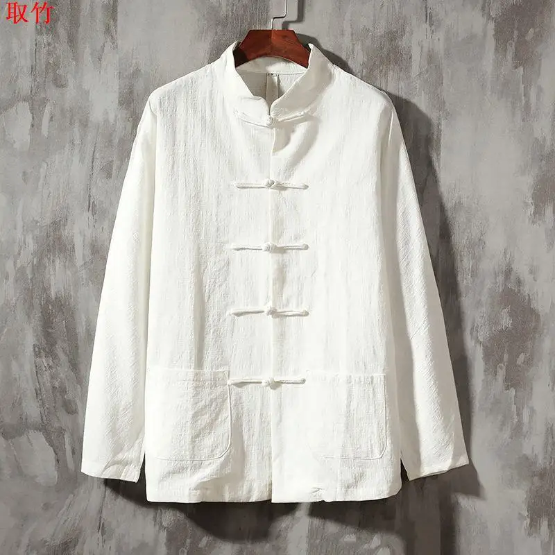 Men's Cotton Linen Shirt Collar Button up Long Sleeve Stand up Collar Retro Style Spring Autumn Chinese Style Gentleman's Top