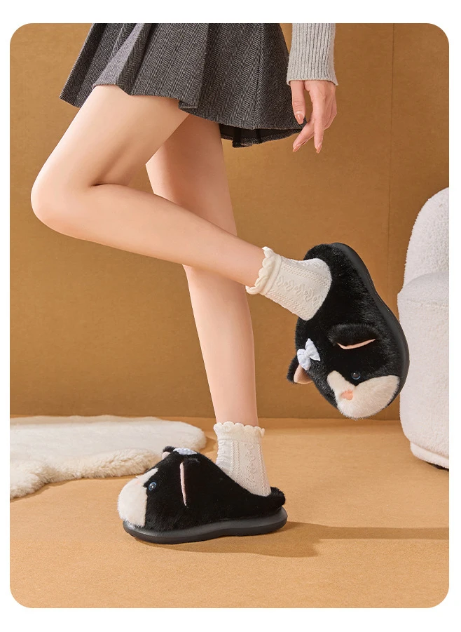 Winterwarme, geschlossene Katzenpantoffeln für Damen, verspielte, seitlich gefleckte, flauschige Loafer, flauschige Hausschuhe für Damen, Plüschpantoffeln. – Detail 16