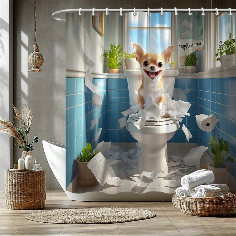 Funny Chihuahua Dog Shower Curtain, Cute Puppy on Toilet Waterproof Bath Curtain, Humorous Pet Lover Bathroom Decor Gift