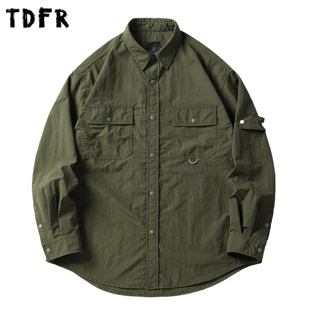 

Pocket Cargo Long Sleeve Shirts Mens Solid Color Autumn Safari Style Loose Single Breasted Curved Hem Shirts Man