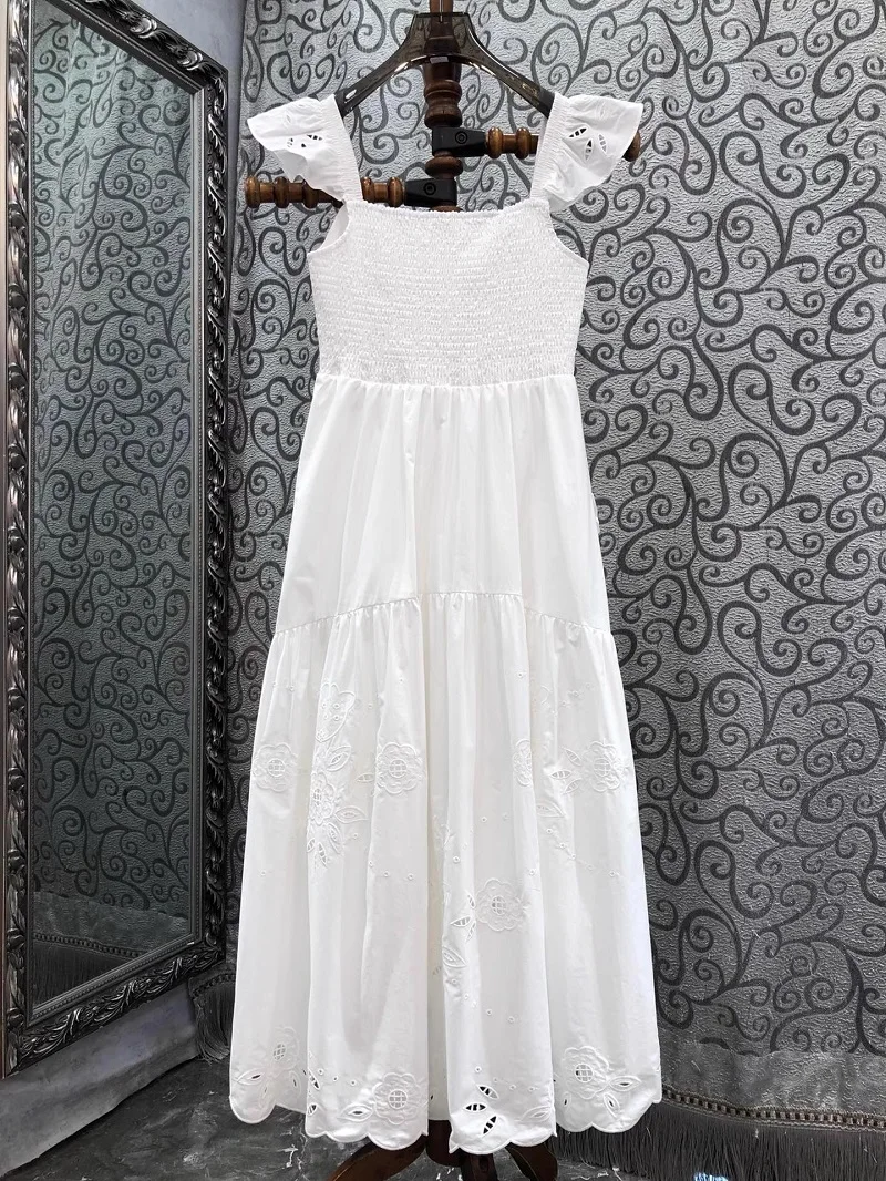 Novia Party 2024 Summer Fashion Dress Women Sexy Square Collar Sweetheart Patterns Sleeveless Mid-Calf White Dress Club Wear