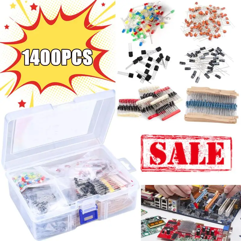 New 1400PCS Basic Electronic Components Kits Metal Film Resistor Assortment Led Diodes Electrolytic Capacitor Ceramic Set DIY