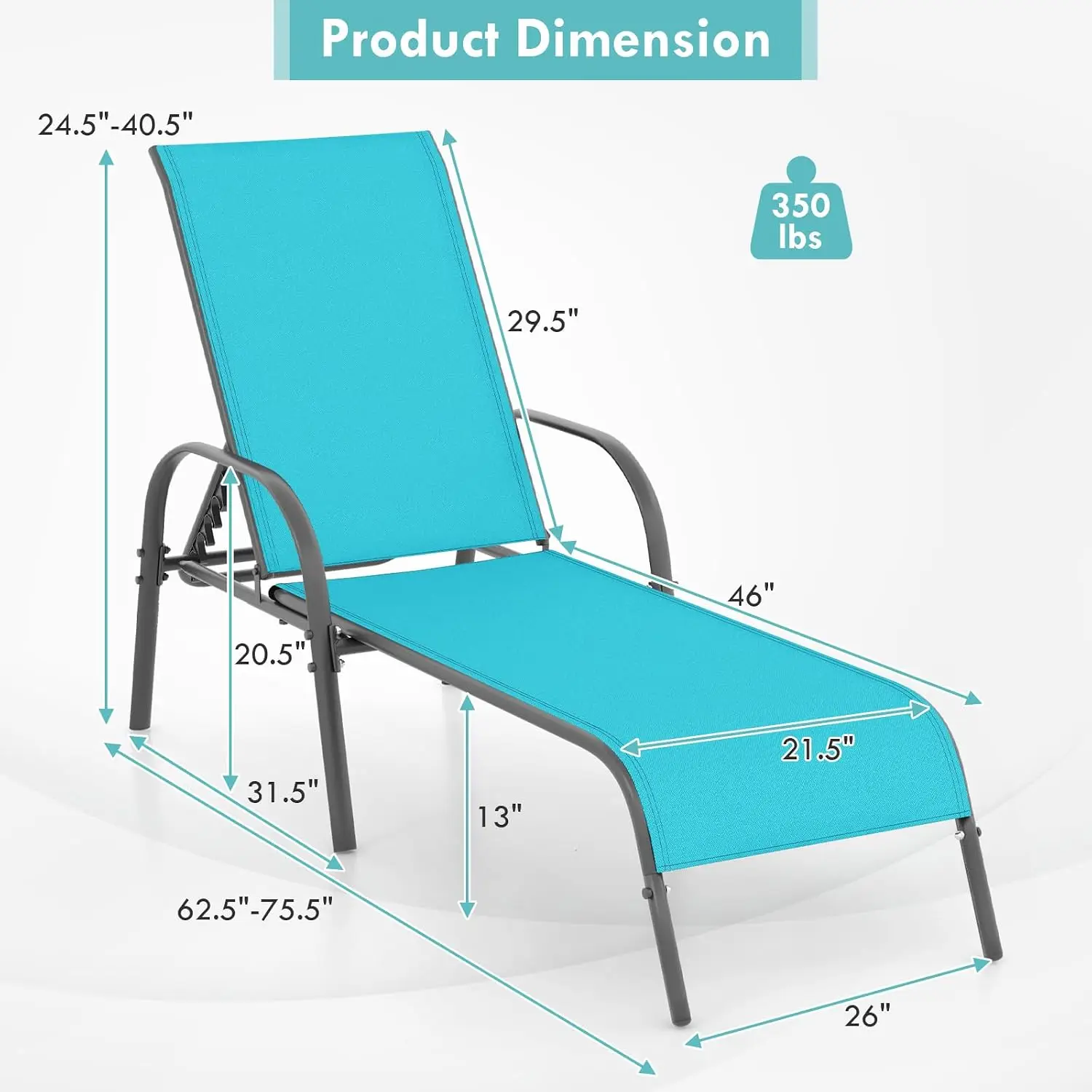 5-Position Adjustable Patio Lounge Chair Set, Outdoor Reclining Beach Pool Deck Furniture, Turquoise, Customized