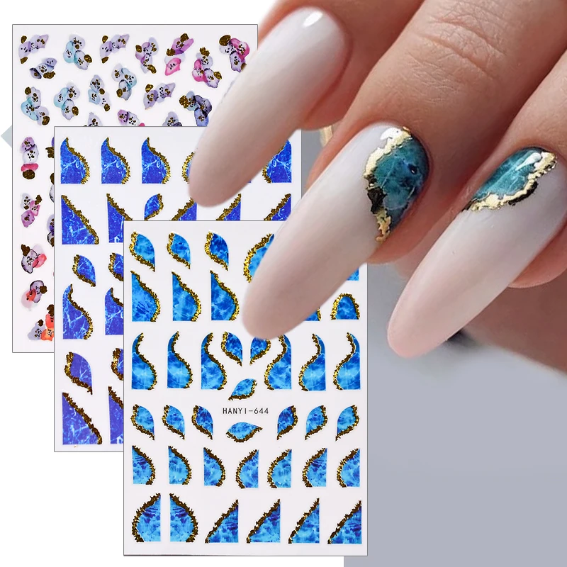 1pcs Blue Marble Shades 3D Nail Stickers Gold Graffiti Adhesive Sliders For Nails Polish Wraps Summer Flowers Manicure Decals