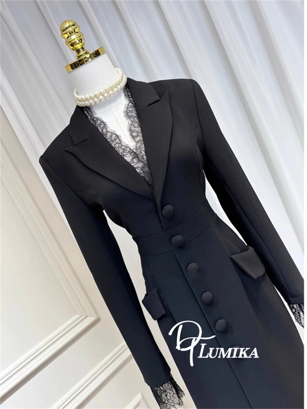 DTLumika - Slim Fit Long Suit Dress for Women with Lace Notched Collar, Single Buttons Autumn Suit Coat Actual Photo Black Suit