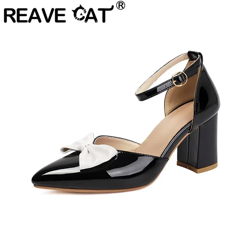 REAVE CAT Red Shiny Women Sandals Pointed Toe 7.8cm Block Heel Buckle Strap Bowknot Large Size 47 48 Sweet Dating Wedding Shoes