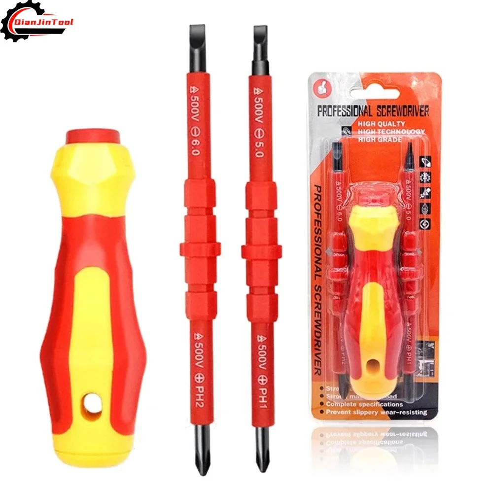 Изолированная отвертка 4 в 1, 500 В, магнитная шлицевая крестовая отвертка с двойной головкой, инструмент для ремонта электрика PH1 PH2 SL5 SL6 Изолированная отвертка 4 в 1, 500 В, магнитная шлицевая крестовая отвертка с двойной головкой, инструмент для ремонта электрика PH1 PH2 SL5 SL6