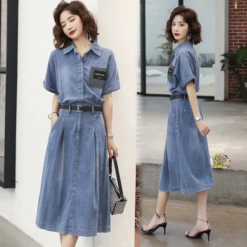 Short Sleeve Denim Shirt Dress 2023 Fashion Simple Summer Ladies Slim Denim A-Line Dress Elegant Temperament Casual Female Dress